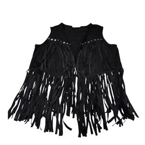 MeaSeor Black Fringe Vest Studded Embellishments Boho Festival Size M